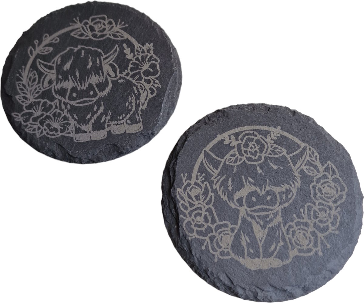 Leisteen onderzetters Schotse Hooglanders [rond] - [Set van 2 stuks] - [Onderleggers] - [Natuurproduct]