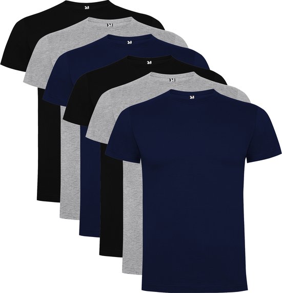 Lot de 6 T-shirts Roly Dogo Premium pour homme 100 % coton Col rond Zwart, Gris clair chiné, Blauw foncé Taille 4XL