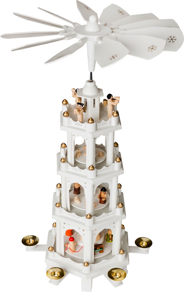BRUBAKER Kerstpiramide Houten Piramide - Wit - 4 Niveaus - 60 Cm Hoogte - Handbeschilderde Figuren