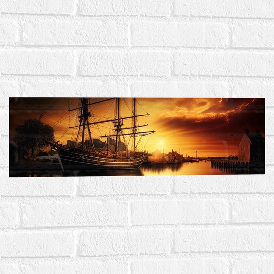 Muursticker - Zonnestralen van Zonsondergang op Zeilschip op het Water - 60x20 cm Foto op Muursticker