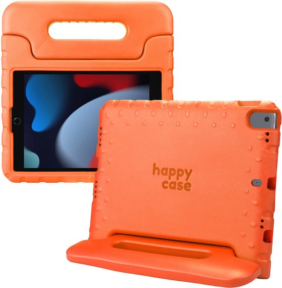 Twee oranje HappyCase tablethoezen, één met een iPad en één met de stand-functie.