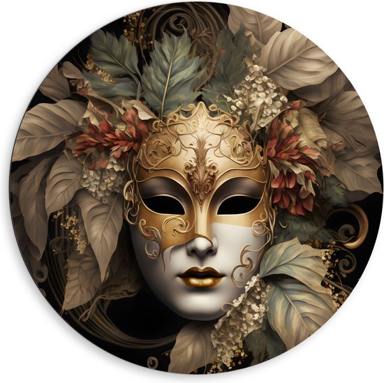 Dibond Muurcirkel - Venetiaanse carnavals Masker met Gouden en Beige Details tegen Zwarte Achtergrond - 80x80 cm Foto op Aluminium Muurcirkel (met ophangsysteem)