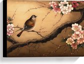 Canvas - Tekening van Vogeltje op Tak met Roze Bloemen - 40x30 cm Foto op Canvas Schilderij (Wanddecoratie op Canvas)