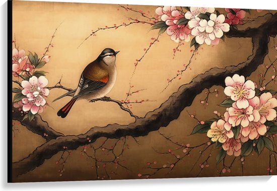 Canvas - Tekening van Vogeltje op Tak met Roze Bloemen - 120x80 cm Foto op Canvas Schilderij (Wanddecoratie op Canvas)