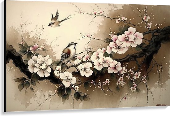 Canvas - Tekening van Vogels Vliegend bij Tak met Bloemen - 150x100 cm Foto op Canvas Schilderij (Wanddecoratie op Canvas)