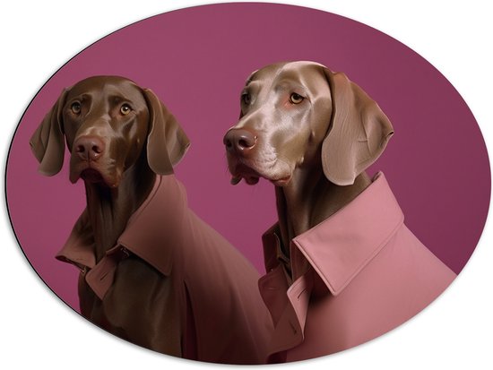 Dibond Ovaal - Twee Bruine Duitse Dog Honden in Roze Overhemden tegen Roze Achtergrond - 80x60 cm Foto op Ovaal (Met Ophangsysteem)