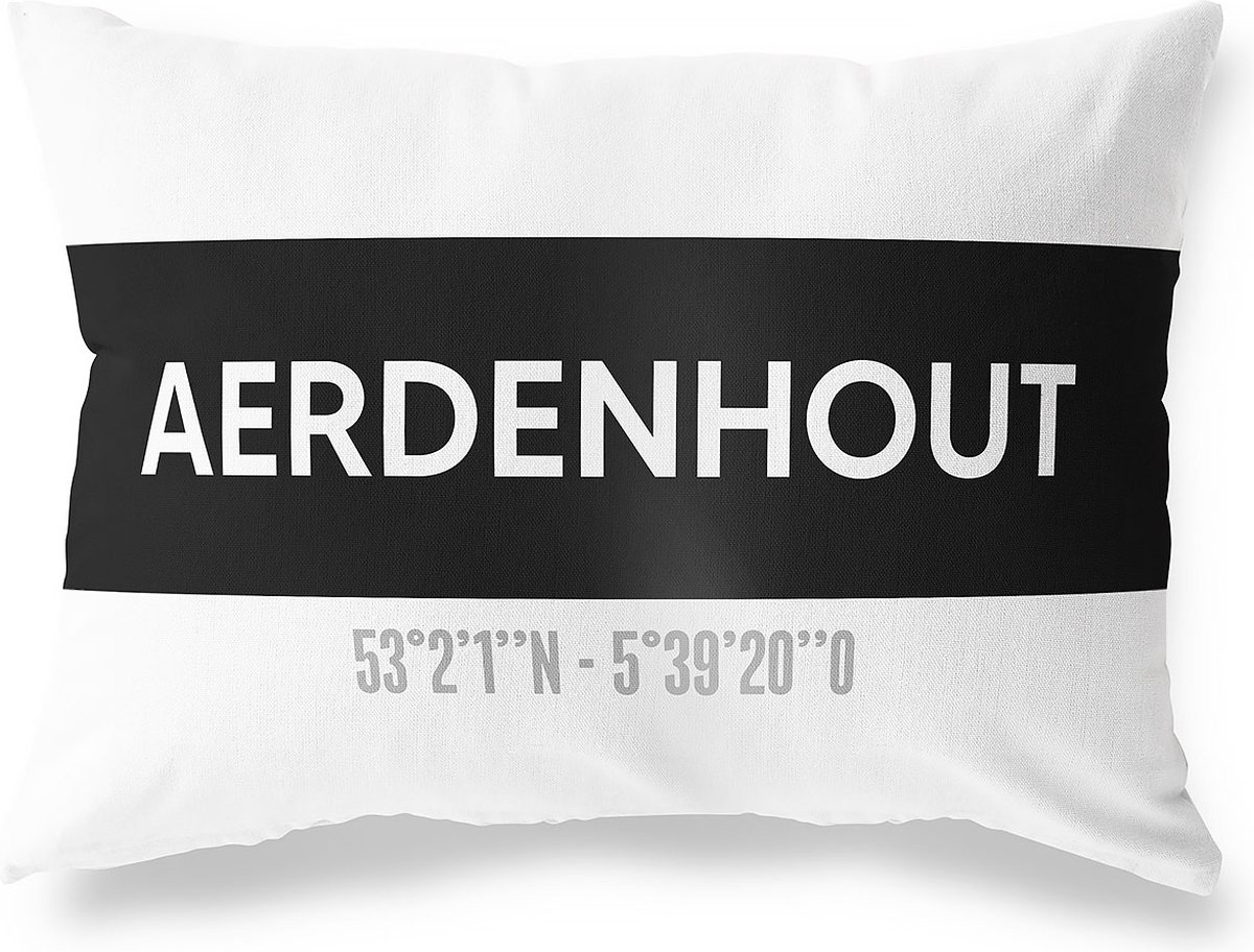 Tuinkussen AERDENHOUT - NOORD-HOLLAND met coördinaten - Buitenkussen - Bootkussen - Weerbestendig - Jouw Plaats - Studio216 - Modern - Zwart-Wit - 50x30cm