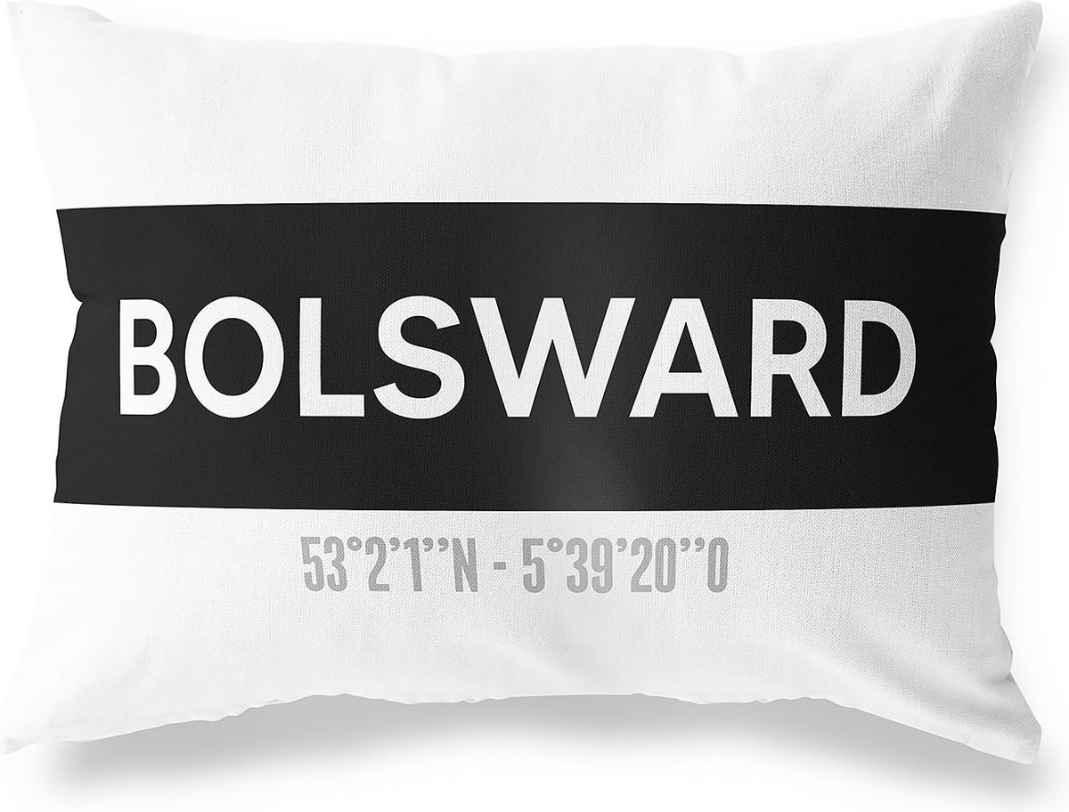 Tuinkussen BOLSWARD - FRIESLAND met coördinaten - Buitenkussen - Bootkussen - Weerbestendig - Jouw Plaats - Studio216 - Modern - Zwart-Wit - 50x30cm