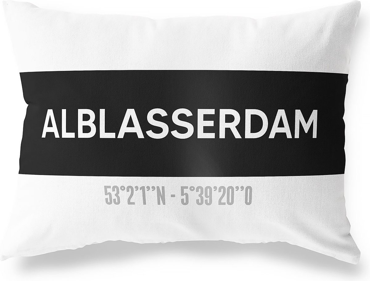 Tuinkussen ALBLASSERDAM - ZUID-HOLLAND met coördinaten - Buitenkussen - Bootkussen - Weerbestendig - Jouw Plaats - Studio216 - Modern - Zwart-Wit - 50x30cm