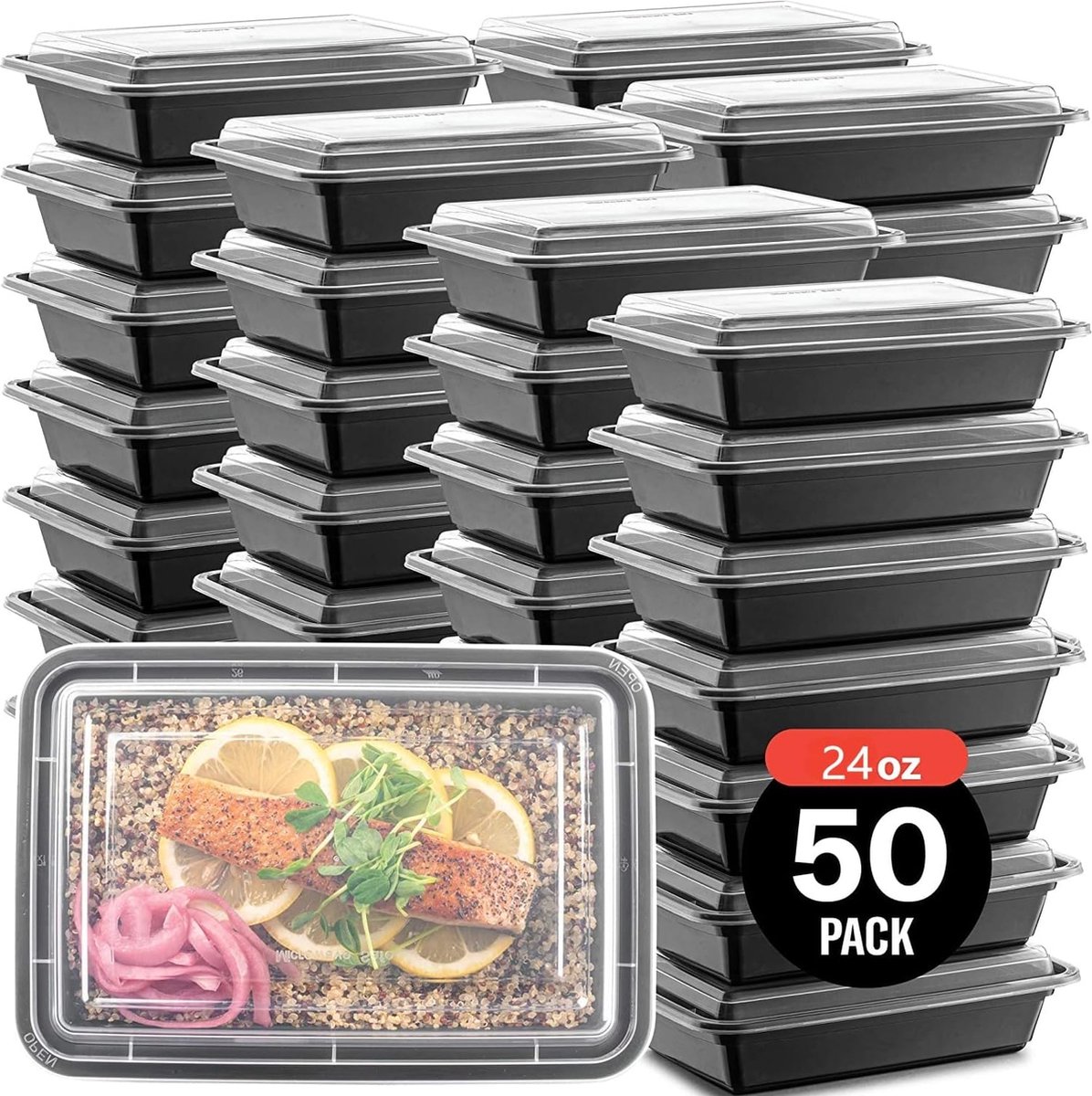 50 Meal Prep Bakjes - Salade/Lunch Box - Diepvriesbakjes - Vershoudbakjes - Plastic Bakjes Met Deksel - Vershouddoos - Magnetron Vaatwasser Bestendig - 24 oz/0.7 Liter Inhoud - Herbruikbaar - Kunststof - BPA vrij - Zwart