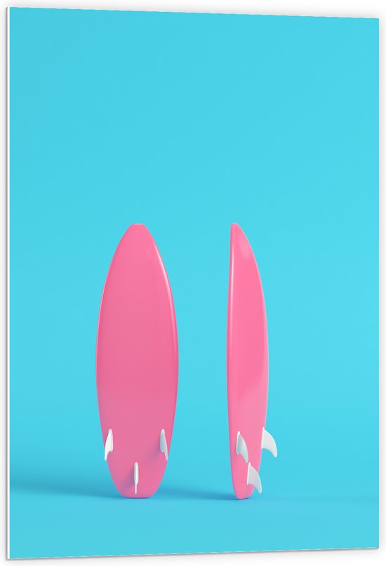 PVC Schuimplaat - Twee Roze Surfboads tegen Felblauwe Achtergrond - 60x90 cm Foto op PVC Schuimplaat (Met Ophangsysteem)