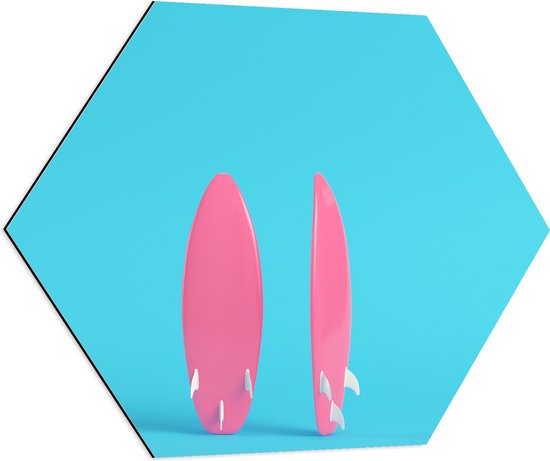 Dibond Hexagon - Twee Roze Surfboads tegen Felblauwe Achtergrond - 70x60.9 cm Foto op Hexagon (Met Ophangsysteem)