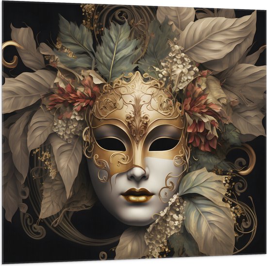 Vlag - Venetiaanse carnavals Masker met Gouden en Beige Details tegen Zwarte Achtergrond - 100x100 cm Foto op Polyester Vlag