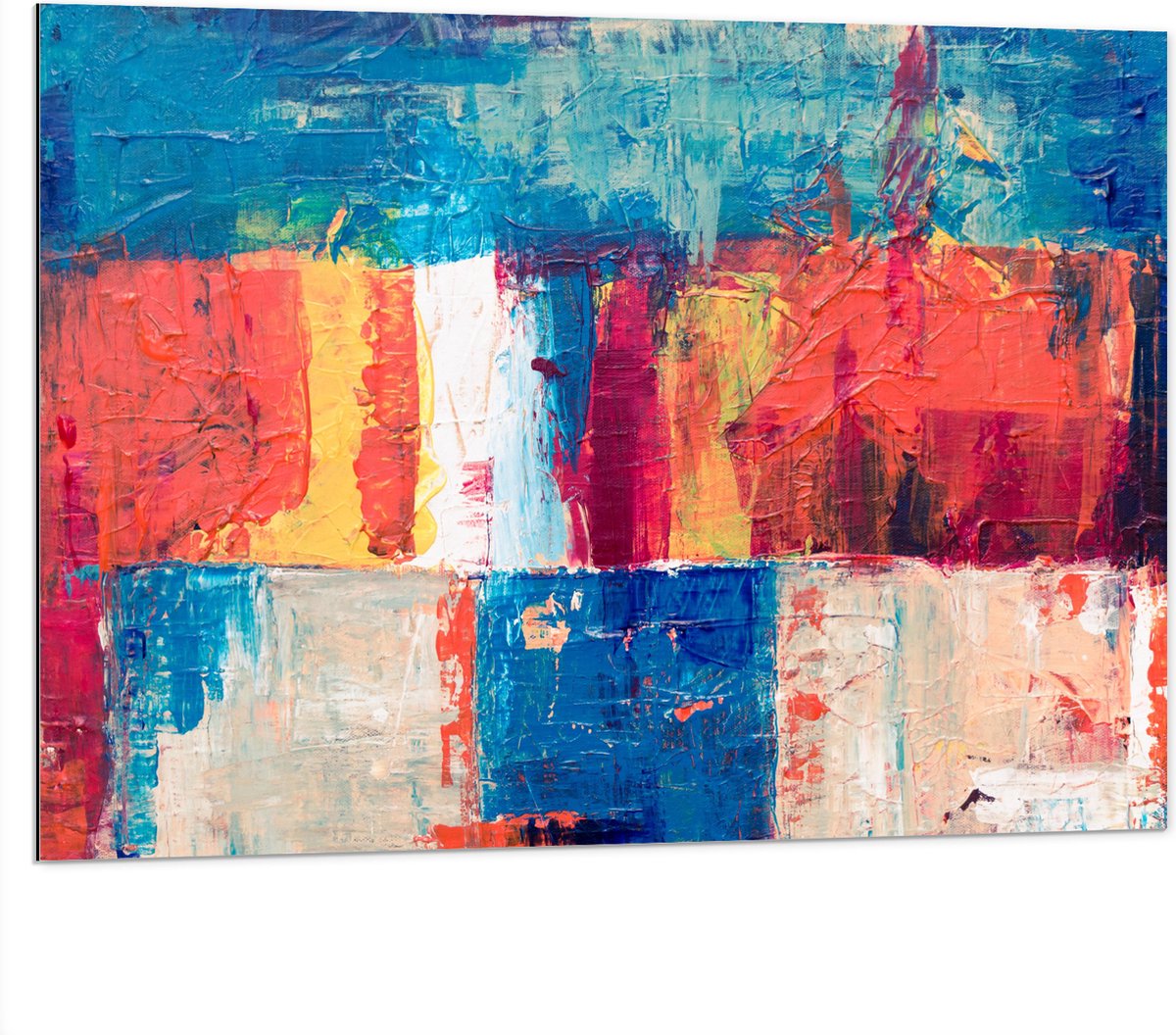 Dibond - Abstracte Vakken van Verschillende Kleuren Verf - 100x75 cm Foto op Aluminium (Wanddecoratie van metaal)