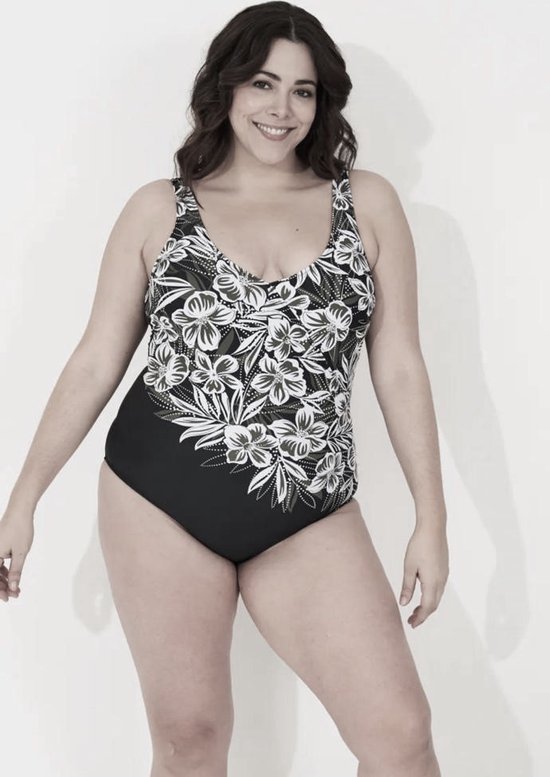 Badpak Vrouwen- Plus Size Zwempak- Dames Badmode Bleomenprint- Swimwear VC716- Groen wit- Maat 44(L)