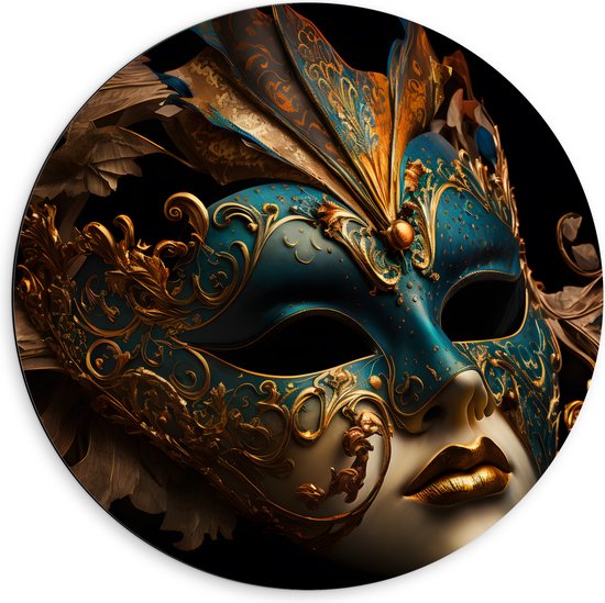 Dibond Muurcirkel - Venetiaanse carnavals Masker met Blauwe en Gouden Details tegen Zwarte Achtergrond - 60x60 cm Foto op Aluminium Muurcirkel (met ophangsysteem)