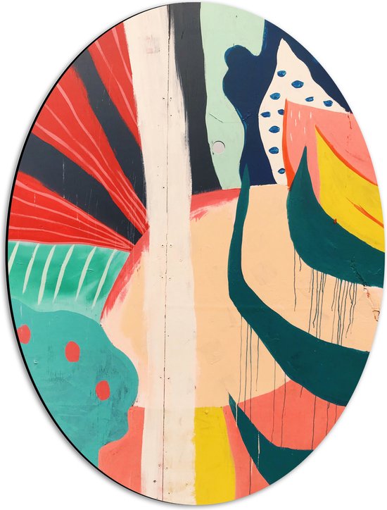 Dibond Ovaal - Abstracte Figuren van Meerkleurige Vakken - 42x56 cm Foto op Ovaal (Met Ophangsysteem)