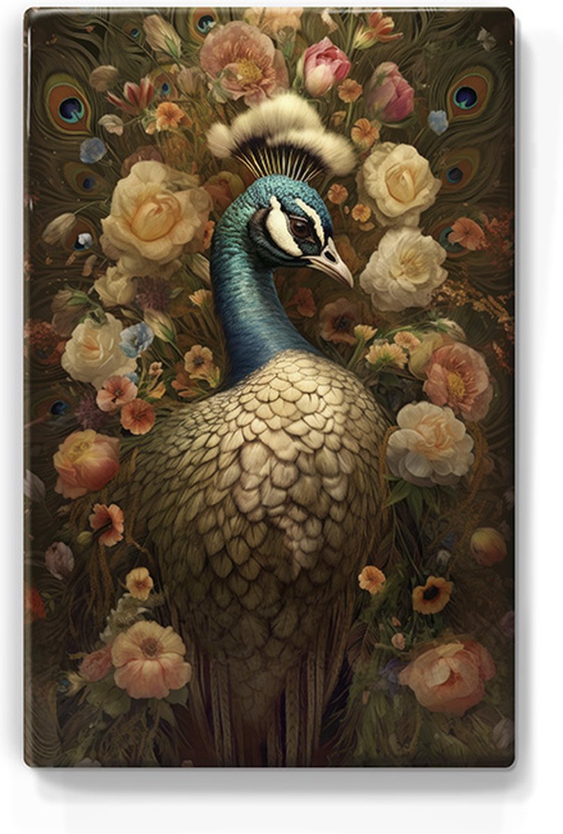 Pauw met bloemen 2 - Laqueprint - 19,5 x 30 cm - Niet van echt te onderscheiden handgelakt schilderijtje op hout - Mooier dan een print op canvas. - LP339