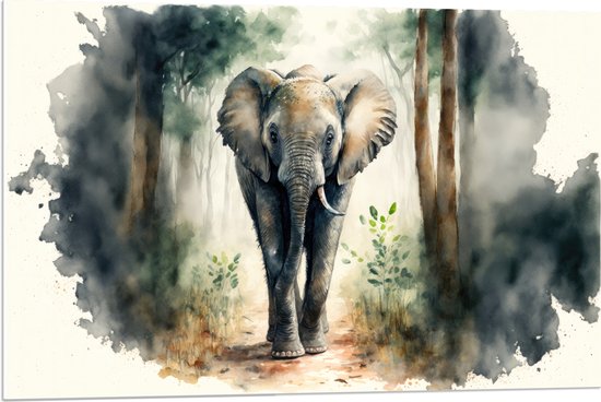 PVC Schuimplaat- Tekening van Olifant Lopend door het Bos - 90x60 cm Foto op PVC Schuimplaat