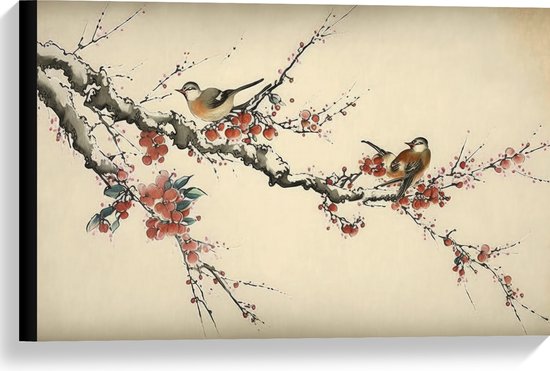 Canvas - Tekening van Vogeltjes op Smalle Tak met Rode Bloemen - 60x40 cm Foto op Canvas Schilderij (Wanddecoratie op Canvas)