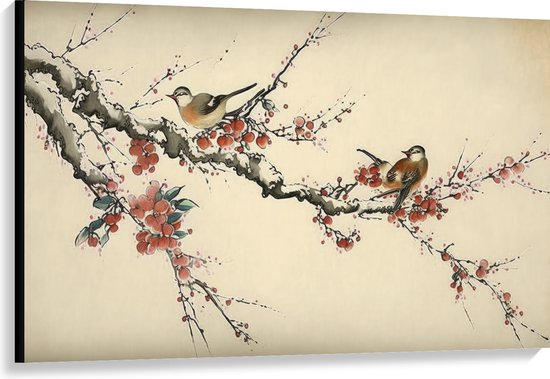 Canvas - Tekening van Vogeltjes op Smalle Tak met Rode Bloemen - 120x80 cm Foto op Canvas Schilderij (Wanddecoratie op Canvas)