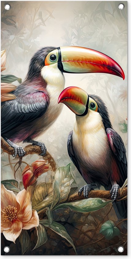 Tuinposter toekan - Tuindecoratie vogels - 40x80 cm - Wanddecoratie met bloemen voor buiten - Schutting decoratie jungle - Buitenposter - Schuttingdoek - Tuindoeken - Tuin doek - Balkon poster