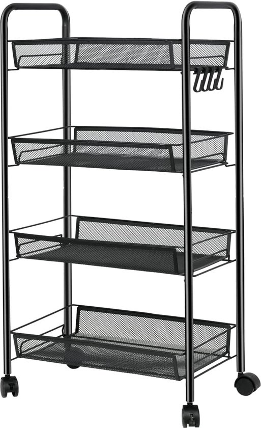 Desserte à roulettes / chariot de rangement noir, 4 niveaux, pratique