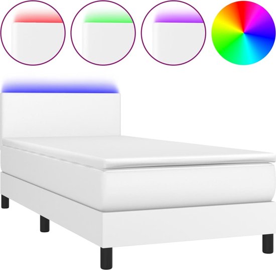 vidaXL - Boxspring - met - matras - en - LED - kunstleer - wit - 100x200 - cm