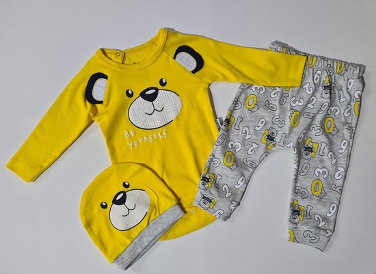 Baby 3 delige set -maat 68/74 -geel - rompertje - broekje muts - kleuren varianten geel - roze maat 62 68 74