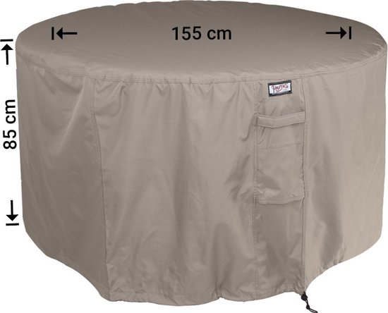 Bruine ronde tuinsethoes van 155 cm diameter en 85 cm hoog.