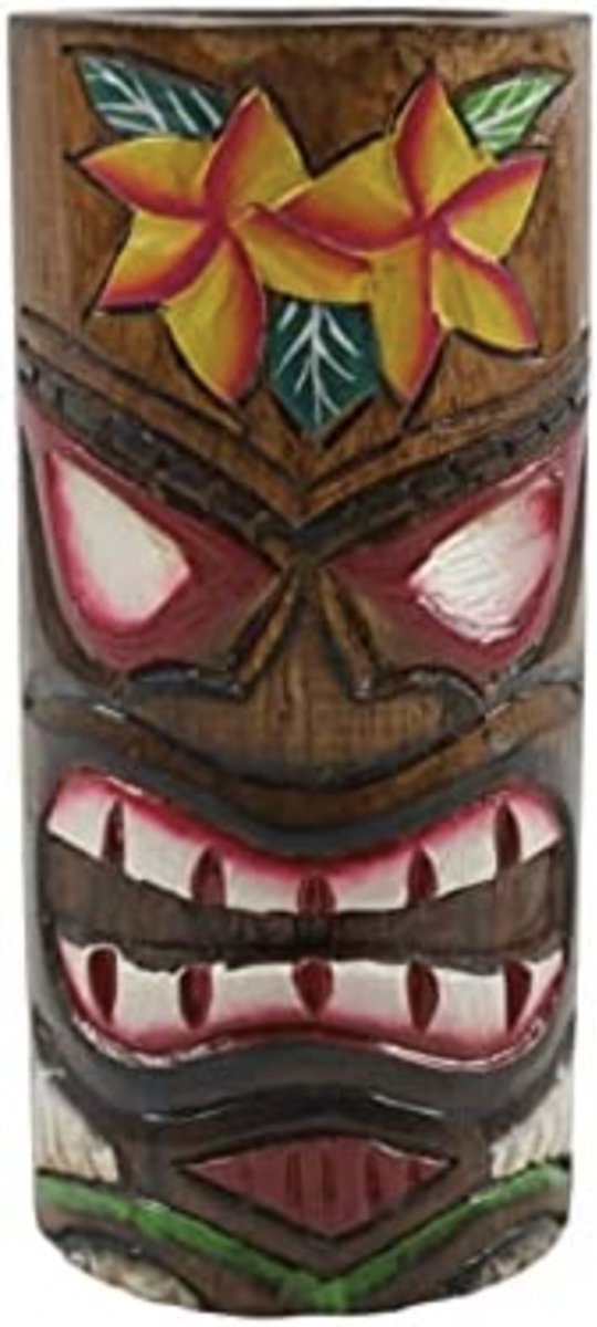 Coco Papaya Tiki pennenkoker van hout - motief: Frangipani-bloem, handbeschilderd