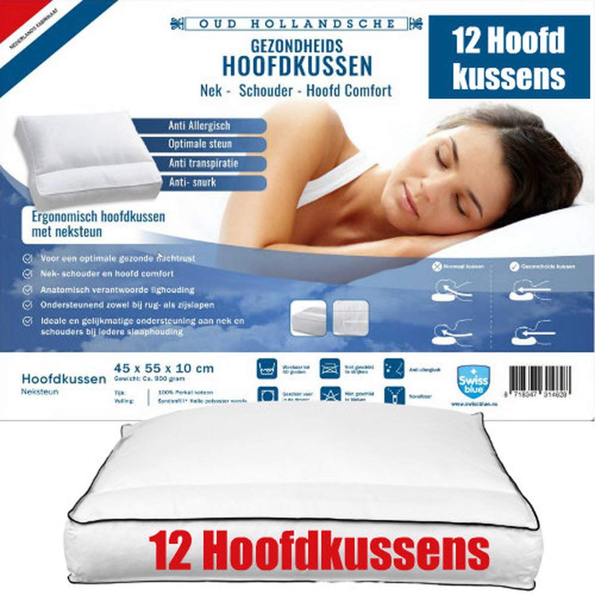 Swissblue-12x Nek hoofdkussen- schouder hoofdkussen-ergonomisch hoofdkussen-hotel kussens- hostel kussens- B&B hoofdkussens- voor nekklachten-rugklachten-geschikt voor buikslaper-zijslaper-rugslaper-ademend-verkoelend-luxe hoofdkussen-maat:45-55-10