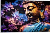 Dibond - Boeddha voor Struik vol Paarse Lelies - 75x50 cm Foto op Aluminium (Wanddecoratie van metaal)