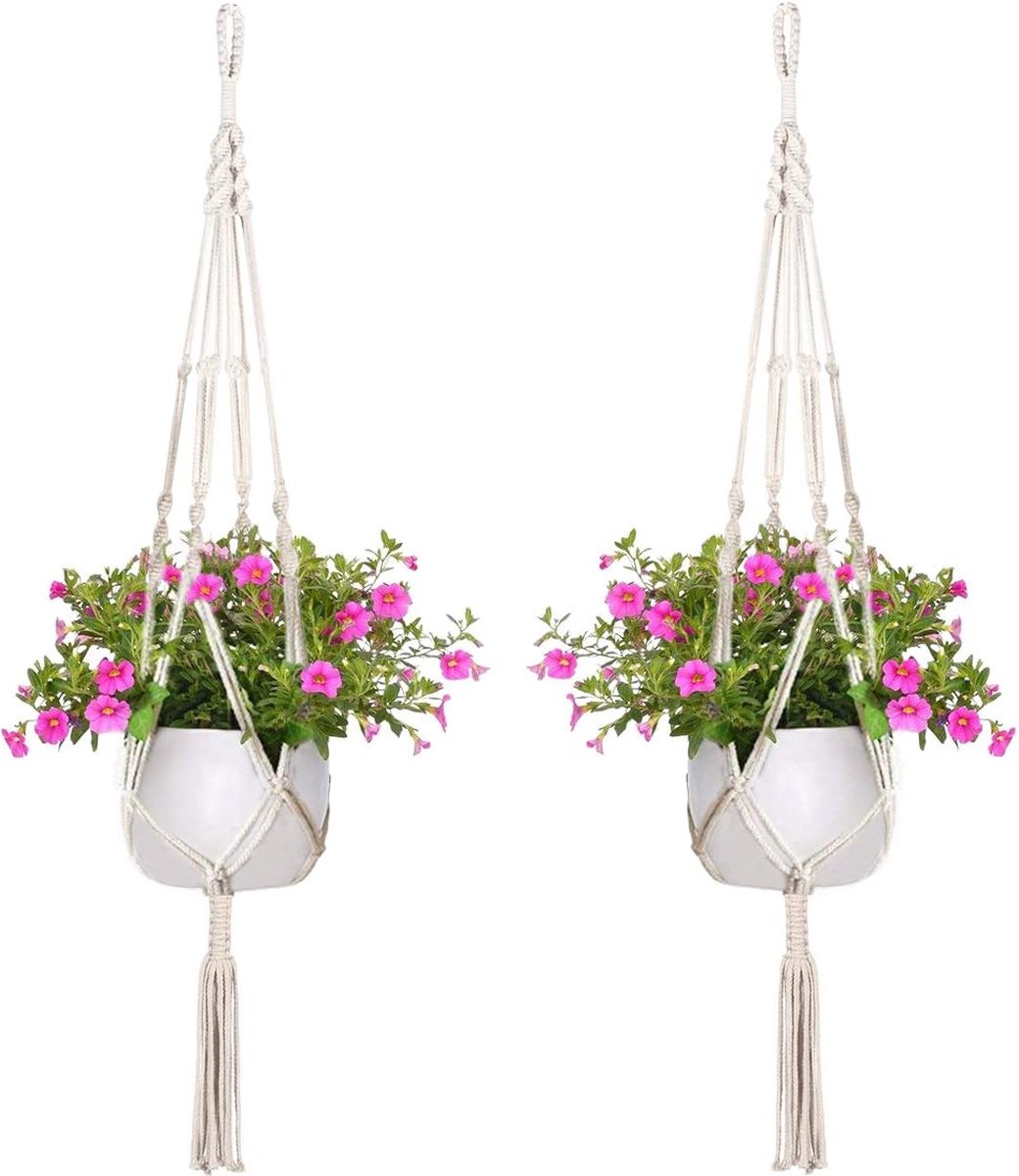 Set van 4 macramé hangende manden katoenen touw bloempot plantenbak hangende manden voor binnen en buiten plafond/balkon/wanddecoratie, 105 cm, 4 koorden, wit
