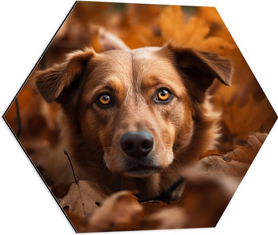 Dibond Hexagon - Hond Liggend tussen de Bladeren in de Herfst - 60x52.2 cm Foto op Hexagon (Met Ophangsysteem)