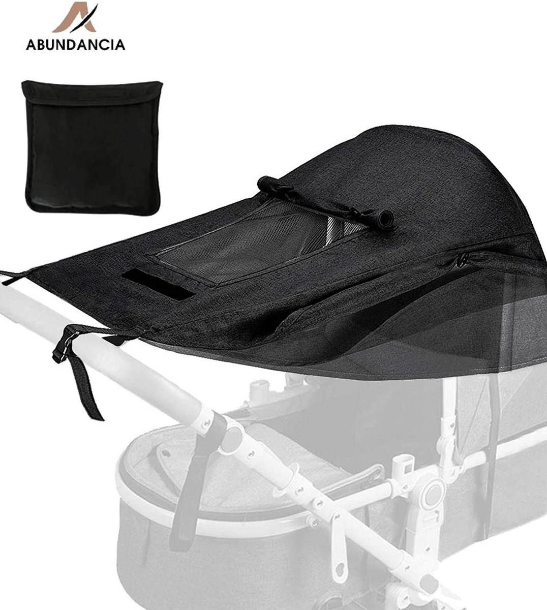 Abundancia® - Kinderwagen Zonnescherm - Wandelwagen/ Buggy - Zonnedoek - Spatwaterdicht - Ademend - UV-doek - Inclusief opbergtasje - Universeel - Zwart — afbeelding 6