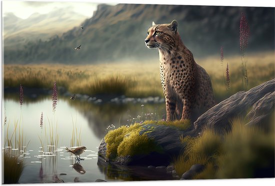 Acrylglas - Cheetah op Rots langs Rivier door Natuurgebied - 105x70 cm Foto op Acrylglas (Wanddecoratie op Acrylaat)