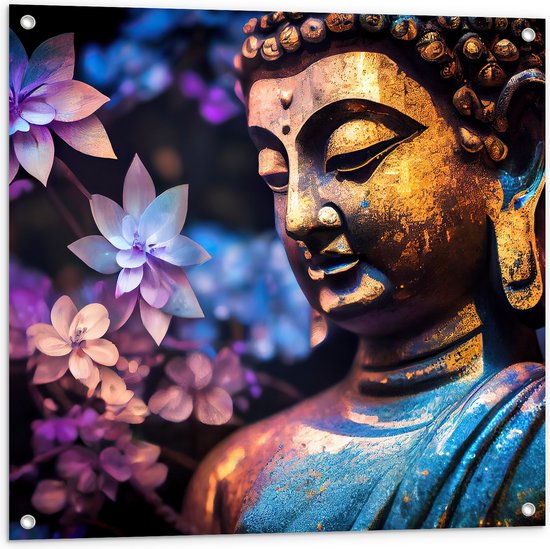 Tuinposter – Boeddha voor Struik vol Paarse Lelies - 80x80 cm Foto op Tuinposter (wanddecoratie voor buiten en binnen)