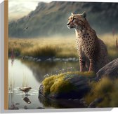 Hout - Cheetah op Rots langs Rivier door Natuurgebied - 50x50 cm - 9 mm dik - Foto op Hout (Met Ophangsysteem)