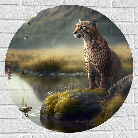 Muursticker Cirkel - Cheetah op Rots langs Rivier door Natuurgebied - 70x70 cm Foto op Muursticker