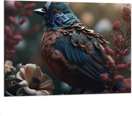 Dibond - Blauwe Gaai Vogel met Kleurrijke Veren en Bloemen - 100x75 cm Foto op Aluminium (Wanddecoratie van metaal)