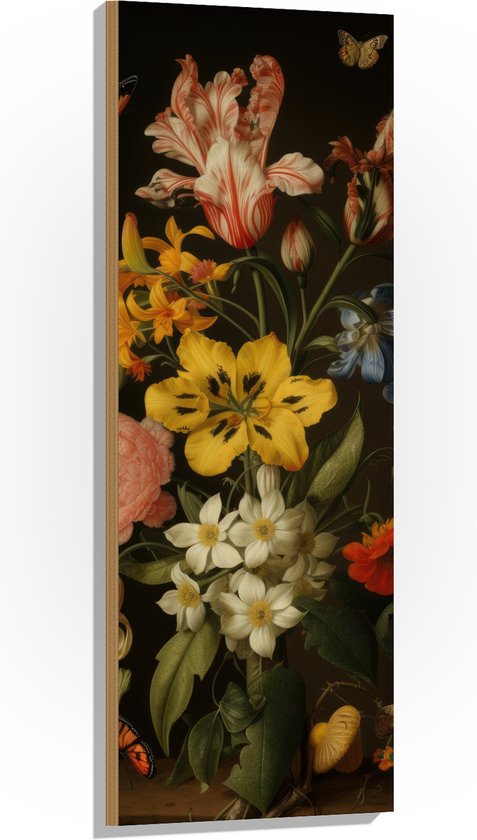 Hout - Boom van Verschillende Soorten en Kleuren Bloemen - 40x120 cm - 9 mm dik - Foto op Hout (Met Ophangsysteem)