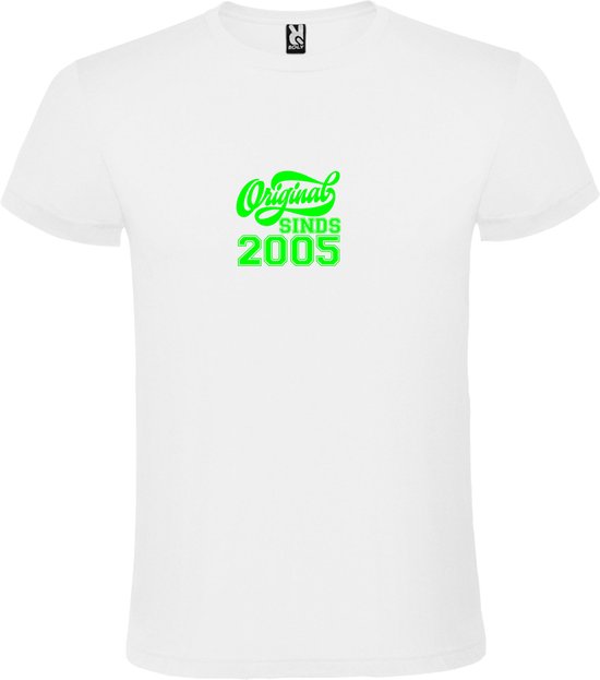 Wit T-Shirt met “Original Sinds 2005 “ Afbeelding Neon Groen Size XS