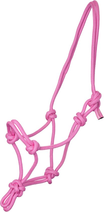 Roze touwhalster met meerdere knopen en een lus.