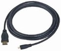 Zwarte HDMI kabel met een gouden HDMI en een Micro HDMI aansluiting, opgerold op witte achtergrond.