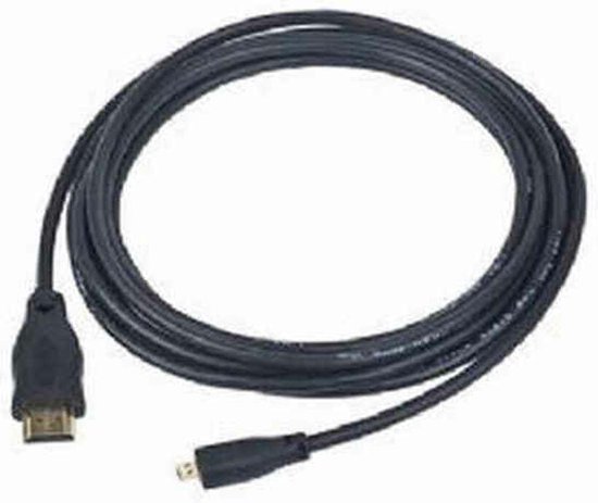 Zwarte HDMI kabel met een gouden HDMI en een Micro HDMI aansluiting, opgerold op witte achtergrond.