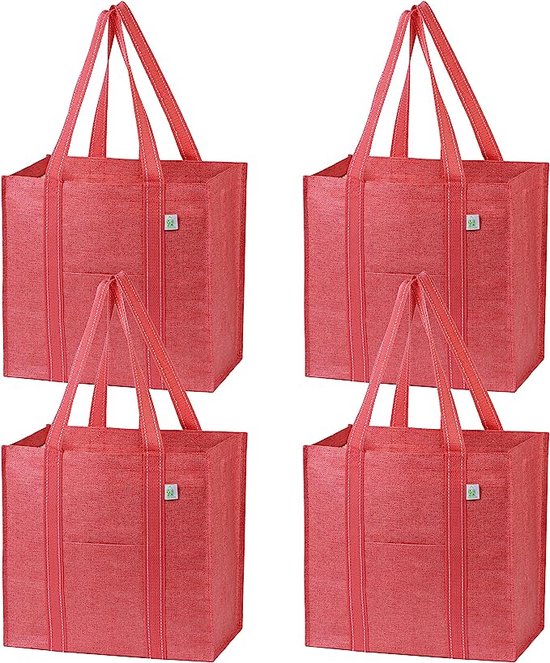 4-pack herbruikbare boodschappentassen met harde bodem Voorvak Multifunctionele boodschappentas Beach Tote Stand Rechtop Waterbestendig Duurzaam (rood - 4 stuks)