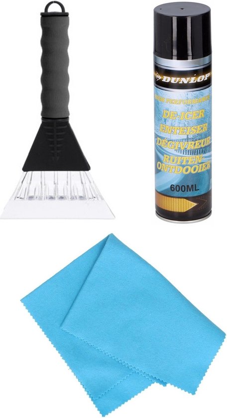 Vitres de voiture Grattoir à glace soft grip 26 cm noir avec spray de dégivrage pour vitres et chiffon antibuée - Extérieur et intérieur sans glace