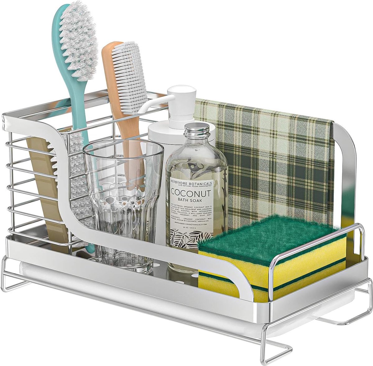 Spoelbak organizer met afdruipbak voor de keuken caddy opberghulp, houder plank voor spons, borstel roestvrij staal - (21,4 x 12 x 16 cm)