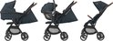 Drie weergaven van de donkerblauwe Maxi-Cosi kinderwagen: met reiswieg, met autostoel en als gewone zitting.